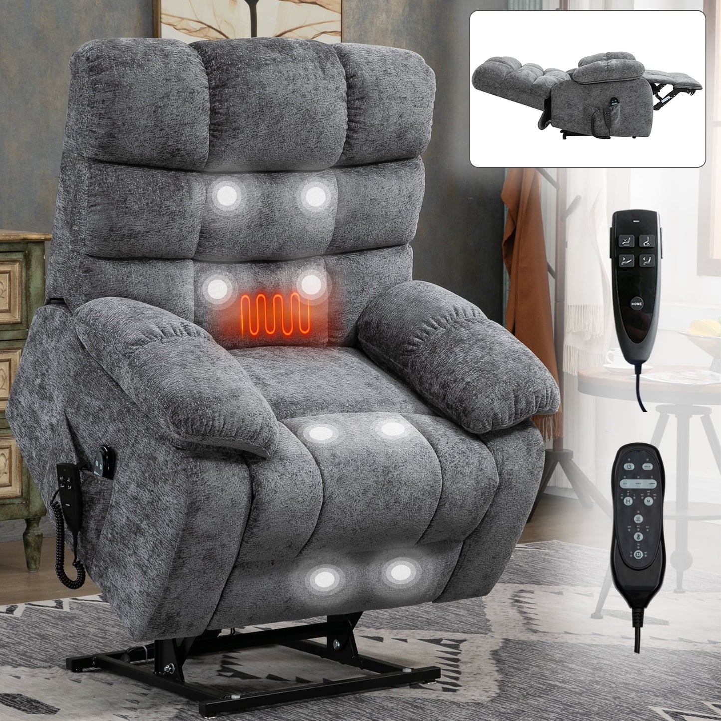 GAKMCIL Large Dual Motor Power Lift Chenille Recliner Chair for Elderly with Heating and 3 Massage modes, 8 vibrating nodes (back, lumbar, thighs, legs), 15/30/60 minute timing function, Gift (Grey)