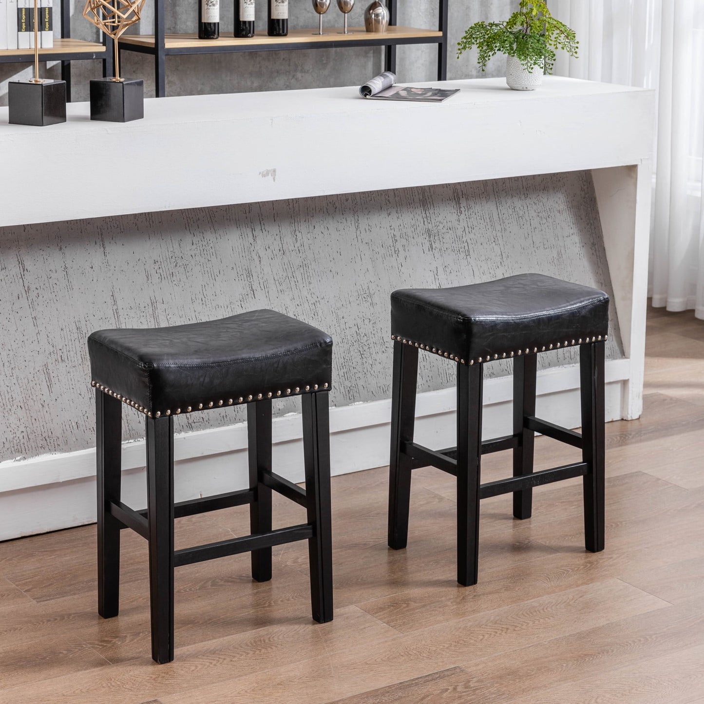 GAKMCIL 26" Backless PU Leather Counter Stools (Set of 2) with Nailhead Trim, Wooden Legs, 350lb Load for Kitchen, Dining Room, Pub (Black)