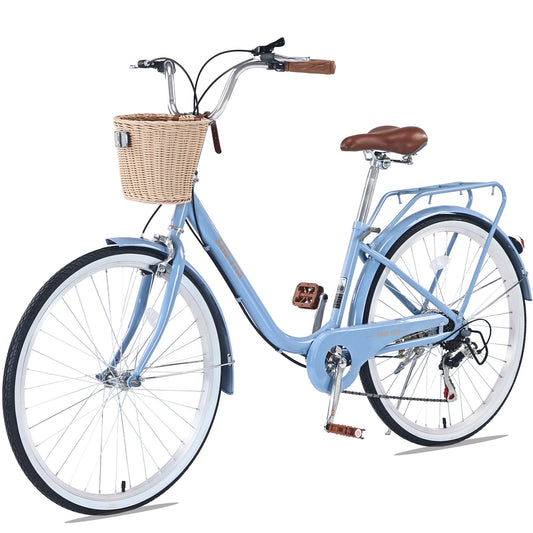 POVANLI 26'' Ladies Bicycle with Basket Adult Full Shimano 7 Speed Ladies Bicycle, Double V Brakes Bicycle, Steel Frame Commuter City Bike for Ladies,Blue (Gift)