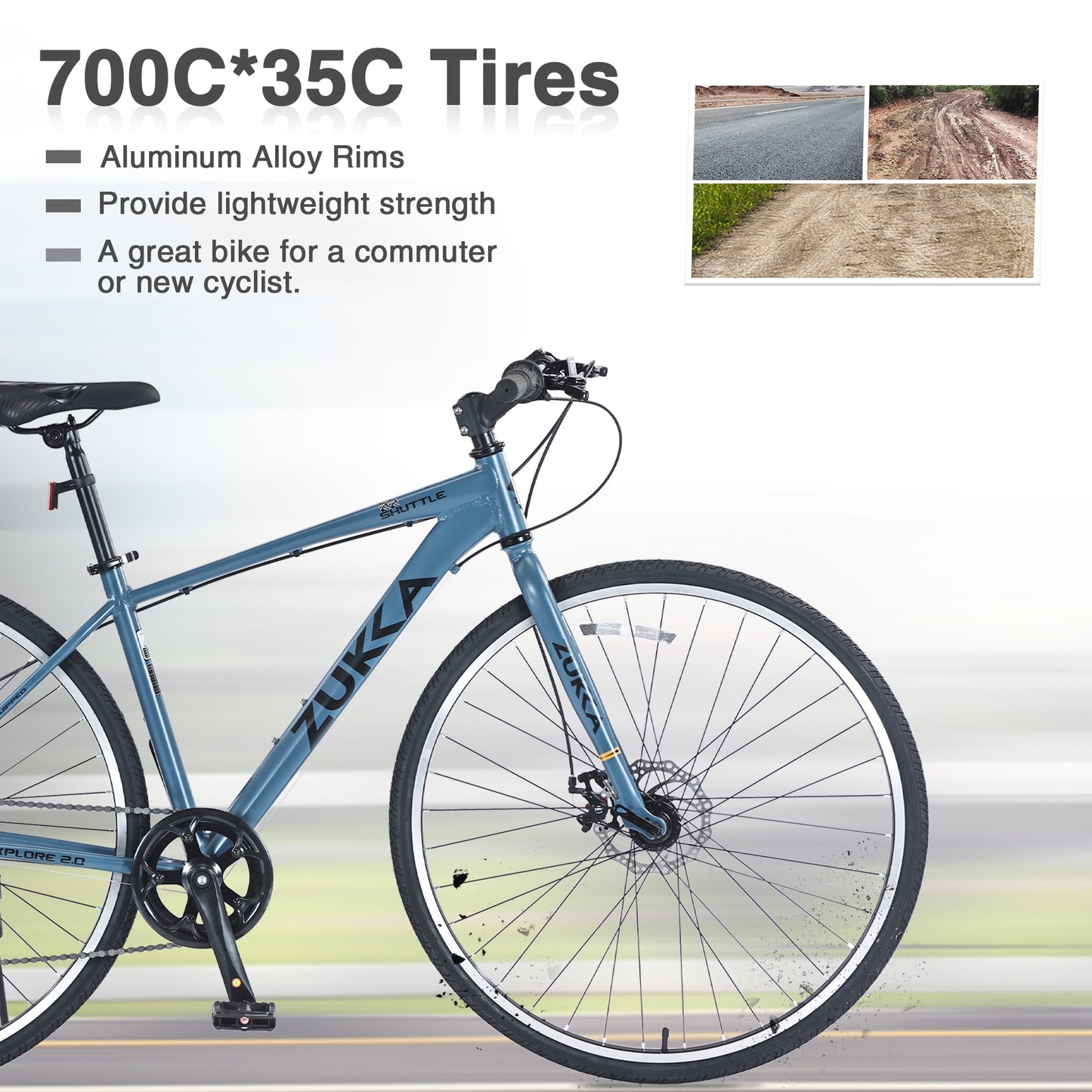 POVANLI 700C Road Bike, 7 Speed Hybrid Bike Aluminum Alloy Frame Double Disc Brakes For men women's City Bicycle, Blue Gray (Gift)