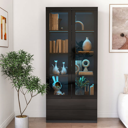 GAKMCIL Display Cabinet with Glass Doors,Curio Storage Cabinet with 4 shelves and 2-Drawer,Bookcase with LED Lights for study,living room,dining room,bedroom,game room (31.50"*14.17"*70.87") (Black)