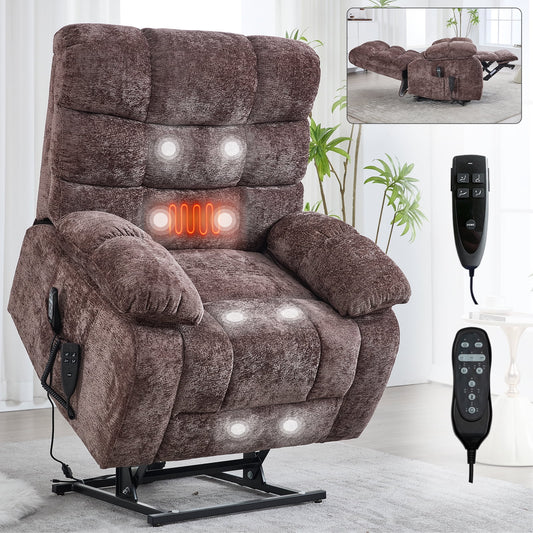 GAKMCIL Large Dual Motor Power Lift Chenille Recliner Chair for Elderly with Heating and 3 Massage modes, 8 vibrating nodes (back, lumbar, thighs, legs), 15/30/60 minute timing function, Gift (Brown)