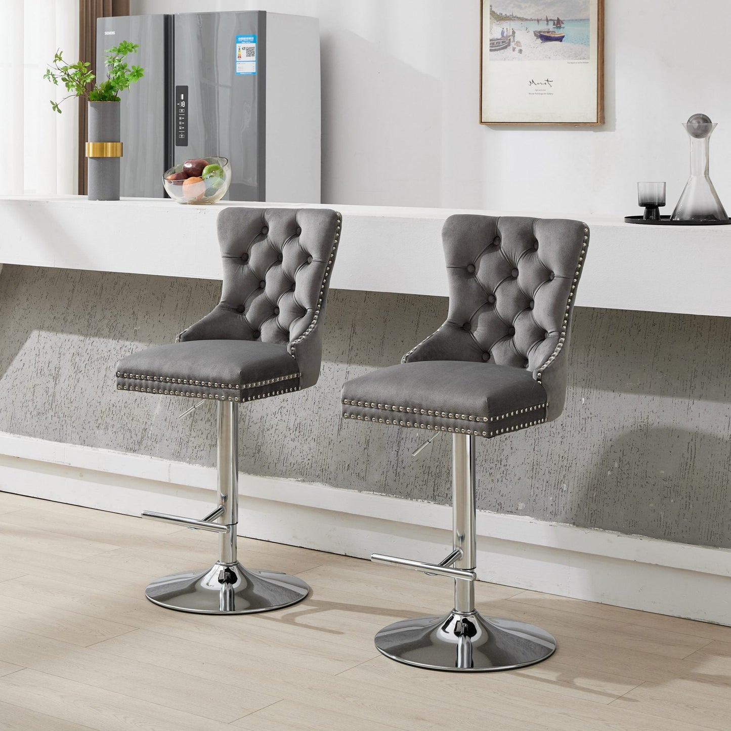 GAKMCIL Thick Chrome Silver Swivel Velvet Barstools, Modern Upholstered Bar Stools with Tufted Buttons, Adjustable Seat Height from 27-35in, 270lb Load for Home Pub, Kitchen Island (Set of 2, Gray)