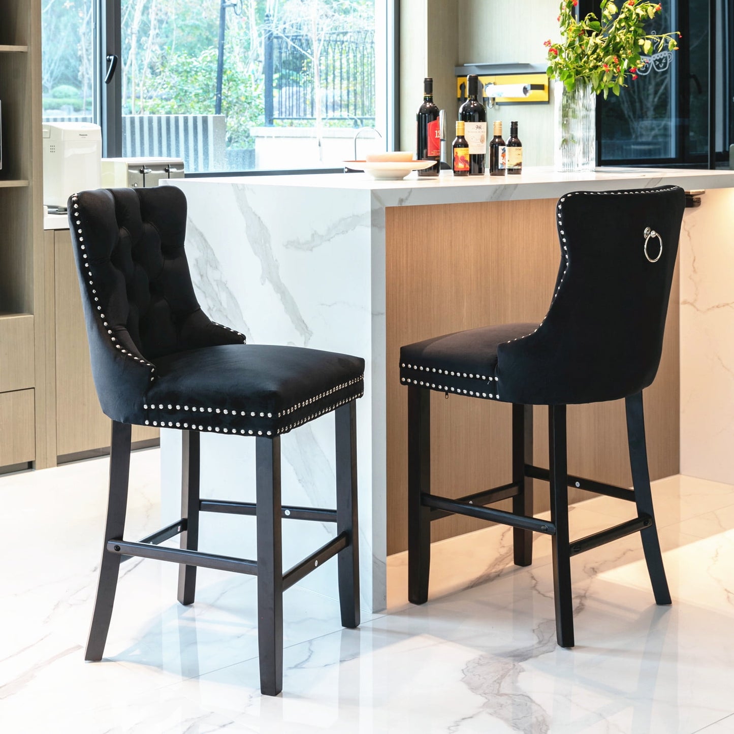 GAKMCIL Velvet Barstools, Leisure Upholstered Height Bar Stools (Set of 2) with Button Tufted Decoration, Wooden Legs, Chrome Nailhead Trim, 300lbs Load for Home Pub and Kitchen Island (Black)