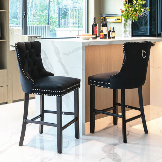 GAKMCIL Velvet Barstools, Leisure Upholstered Height Bar Stools (Set of 2) with Button Tufted Decoration, Wooden Legs, Chrome Nailhead Trim, 300lbs Load for Home Pub and Kitchen Island (Black)