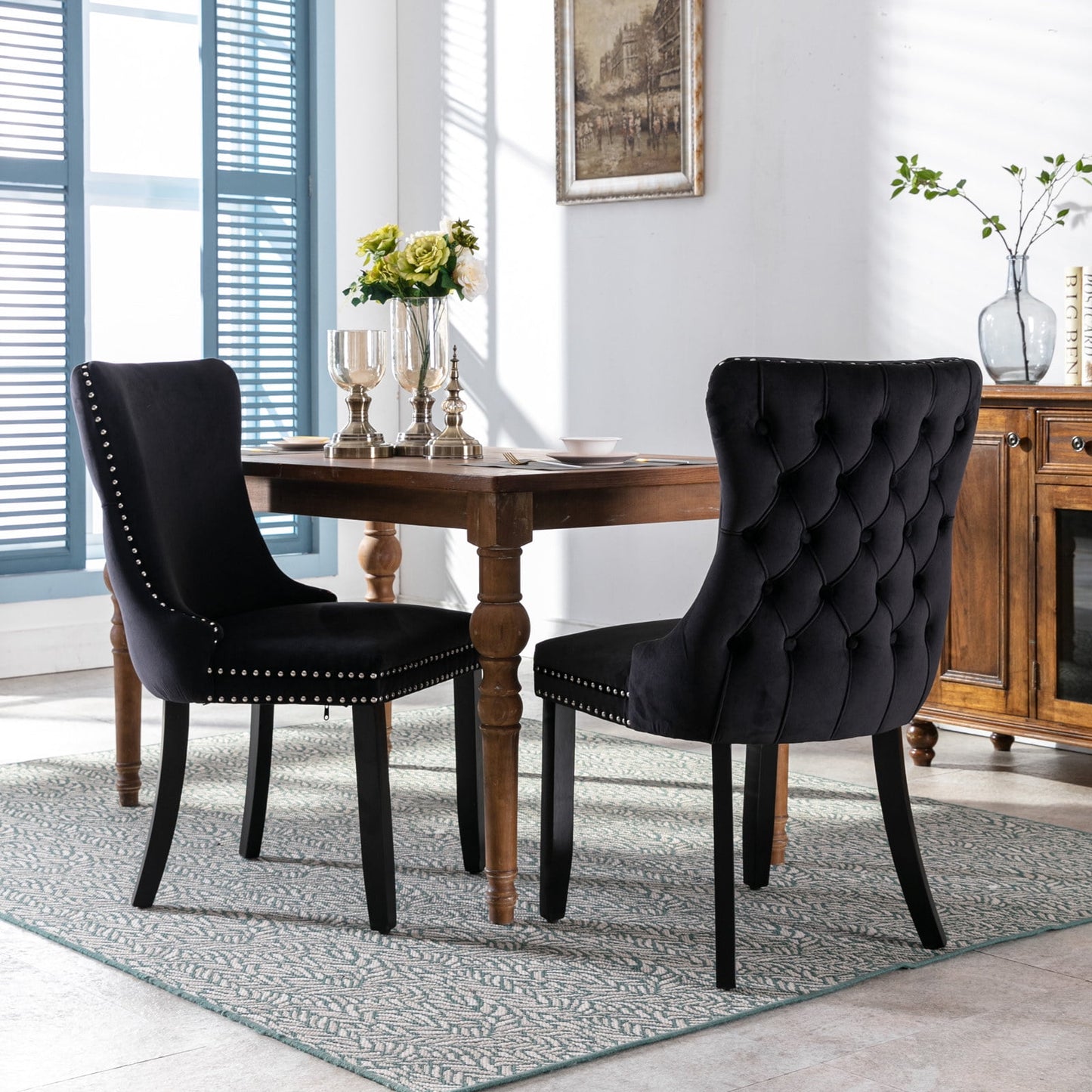 GAKMCIL Velvet Dining Chair (Set of 2), Comfy Upholstered Wing-Back Dining Chairs with Nailhead Back and Solid Wood Legs, Weight Capacity 330lb for Dining Room and Kitchen (Black)