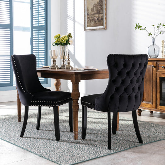 GAKMCIL Velvet Dining Chair (Set of 2), Comfy Upholstered Wing-Back Dining Chairs with Nailhead Back and Solid Wood Legs, Weight Capacity 330lb for Dining Room and Kitchen (Black)