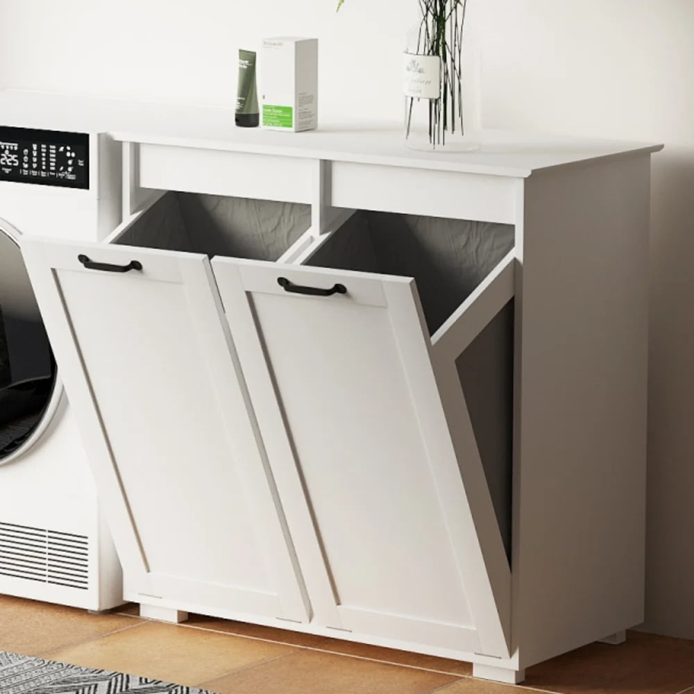 GAKMCIL Hidden Laundry Cabinet/Laundry Hampers/Laundry Bags with 2 Removable – Easy-Clean, Easy-Open Door & Dual Handles, Divided Hamper for Sorting, Tidy Homes(31.5L x 15.75W x 30.31H) (White)