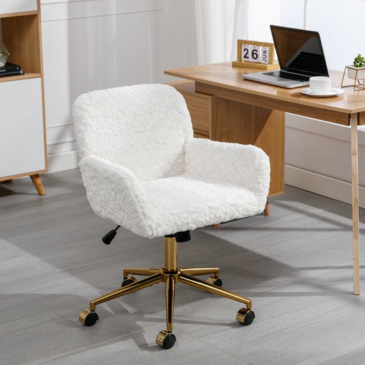 GAKMCIL Artificial Alpaca Wool Home Office Chair, Ergonomic Desk Chair, Vanity Chair with 360 ° Swivel, Arm, Golden Metal, Chassis can be Tilted 40°, 300lb Load for Study, Office, Bedroom (Beige)
