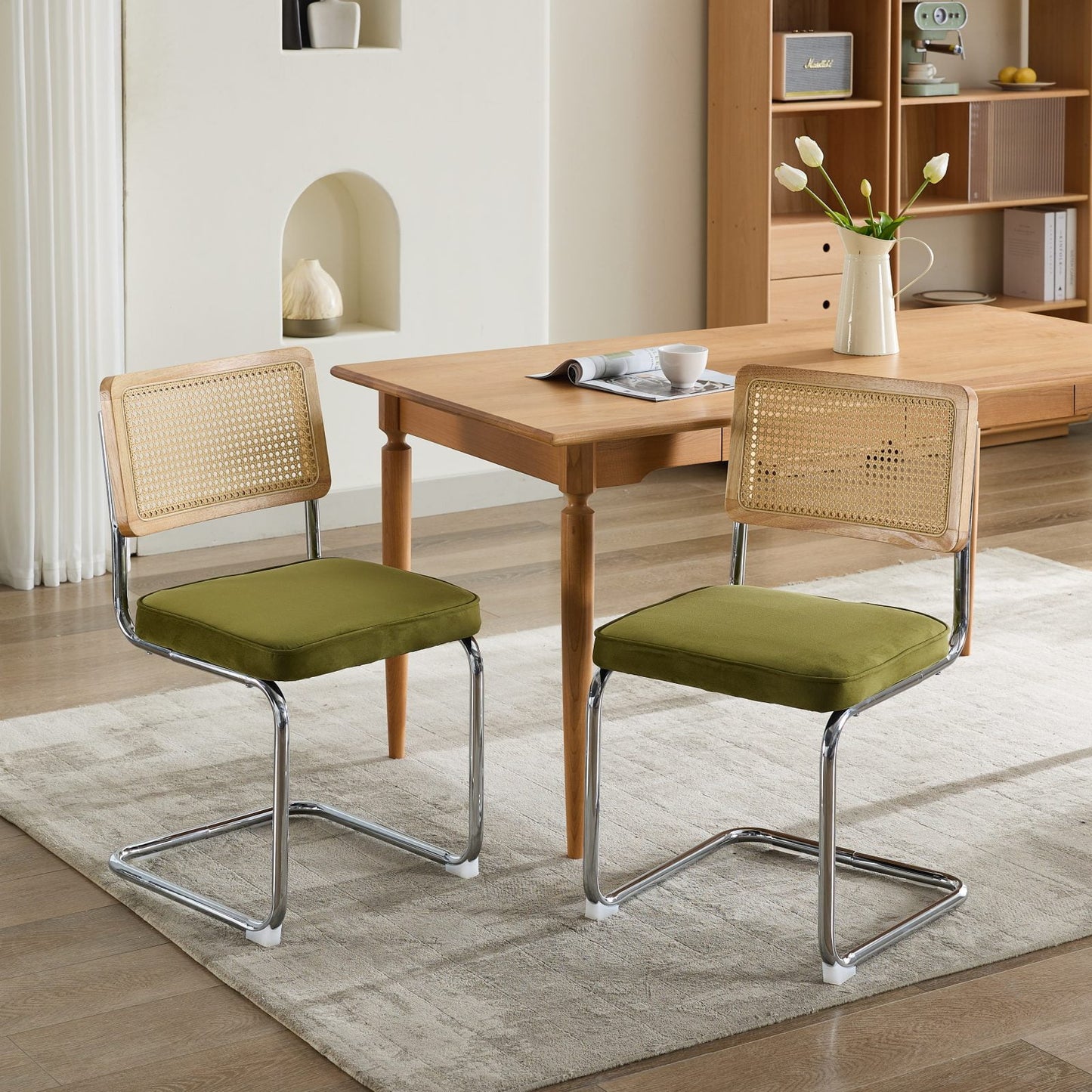 GAKMCIL Mid-Century Modern Velvet Upholstered Dining Chairs (Set of 2) with Natural Cane Back, Stainless Chrome Base, 360lb Load for Dining Room, Kitchen, Bedroom, Office (Olive Green)