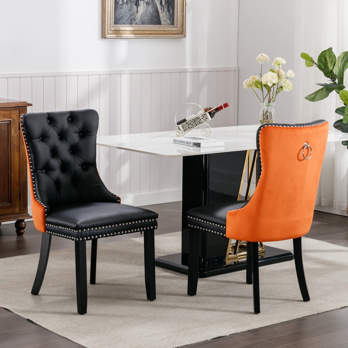 GAKMCIL PU Leather Dining Chairs (Set of 2), Modern Velvet Dining Chair with Nailhead Back and Ring Pull Trim, Solid Wood Legs, 350lb Load for Dining Room, Kitchen and Living Room (Black&Orange)