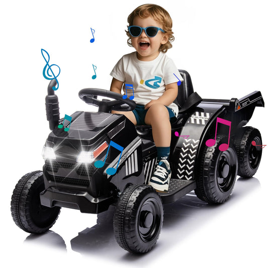 POWANLI 12V Kids Ride On Tractor with Trailer, Battery Powered Electric Car, Music, USB, LED Lights, Vehicle Toy for 2 to 3 Ages