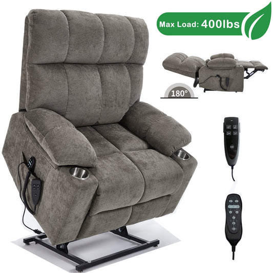GAKMCIL Large Dual Motor Infinite Position Power Lift Chenille Recliner Chair with Heating and 3 Massage 8 vibrating nodes(back,lumbar,thighs,legs), 3 Timing function, Steel Cup Holders, Gift (Brown)