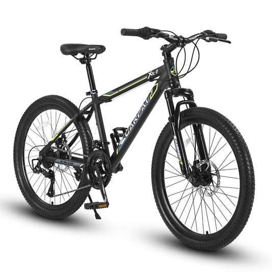 POWANLI 24" Steel Frame Mountain Bike for Boys Girls, with 21 Speeds Dual Disc Brakes and Front Suspension MTB, Black&Green (Gift)