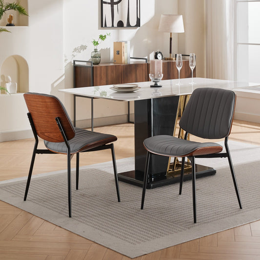 GAKMCIL Mid Century Modern PU Dining Chairs, Retro Faux Leather Upholstered Chair (Set of 2) with Walnut Bentwood Back and Metal Legs, 300lbs Load for Dining Room, Kitchen and Living Room (Gray)