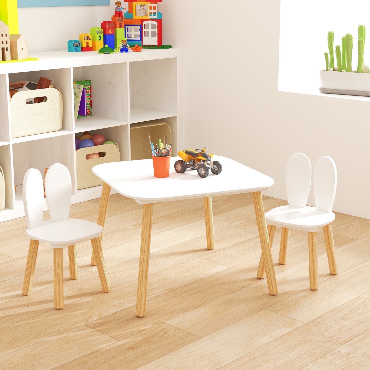 GAKMCIL Kids Table and 2 Chair Set, 3 Pieces Toddler Table and Chair Set, Wooden Activity Play Table Set for For 2-8 child Reading, Drawing, Eating, Study, Arts, Crafts & Snack Time (White)
