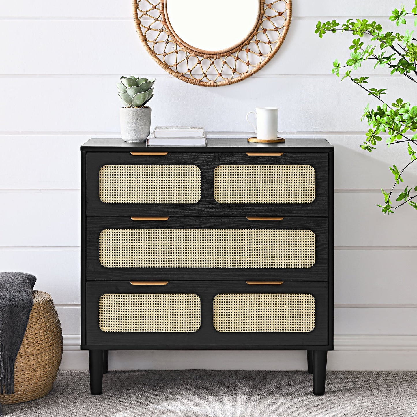 GAKMCIL 3 drawer Rattan Dresser Cabinet,Modern Drawer Dresser with Metal Handles,Farmhouse Wooden Storage Chest of Drawers for Room, Living Room, Hallway, Entrance, Office