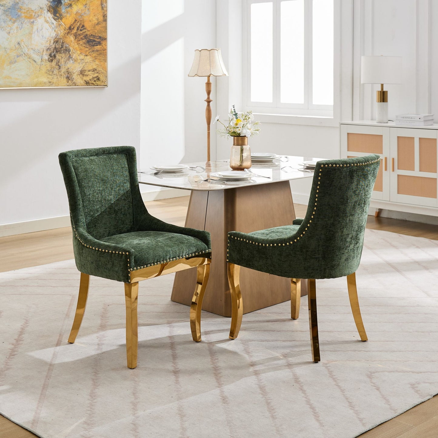 GAKMCIL Chenille Dining Chairs, Ultra Side Dining Room Chairs, Curved Gold - Plated Legs & Rivet Trim, Upholstered Comfort, Textured Fabric & One - Piece Structure, Green (Set of 2)