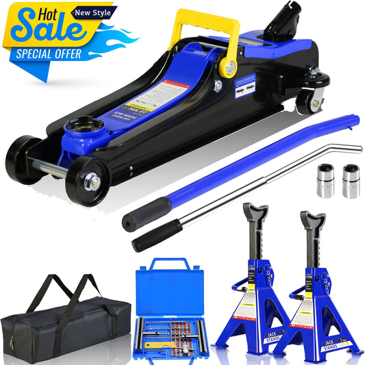 POWANLI Low Profile Floor Jack, 2 Ton, 3T Jack Stand, Tire Repair Kit, Heavy Duty, Blue