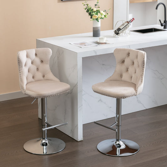 GAKMCIL Swivel Velvet Upholstered Barstools with 25-33in Adjustatble Seat Height, 360°Swivel, Footrest, Chrome base, Comfy Tufted Backs, 300lbs Load for Home Pub, Kitchen Island (Set of 2, Beige)