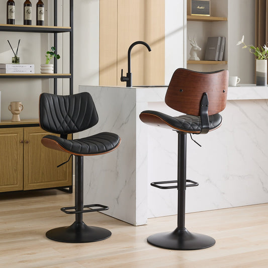 GAKMCIL PU Leather Upholstered Bar Stools, Mid Century Modern Walnut Bentwood Bar Chairs with Adjustable Counter Height, 360° Swivel for Kitchen, Dining Room, Pub, Cafe (2 Chairs, Black)