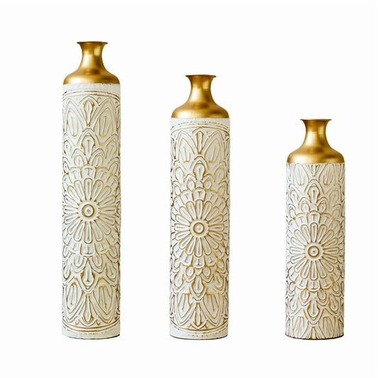 GAKMCIL Modern White&Gold Floor Metal Vases (Set of 3), Tall Droplet-Shaped Decorative Vases for Home, Large Glazed Metal Vases for Living Room, Entryway, Wedding (24.41/29.13/33.07inch Height)