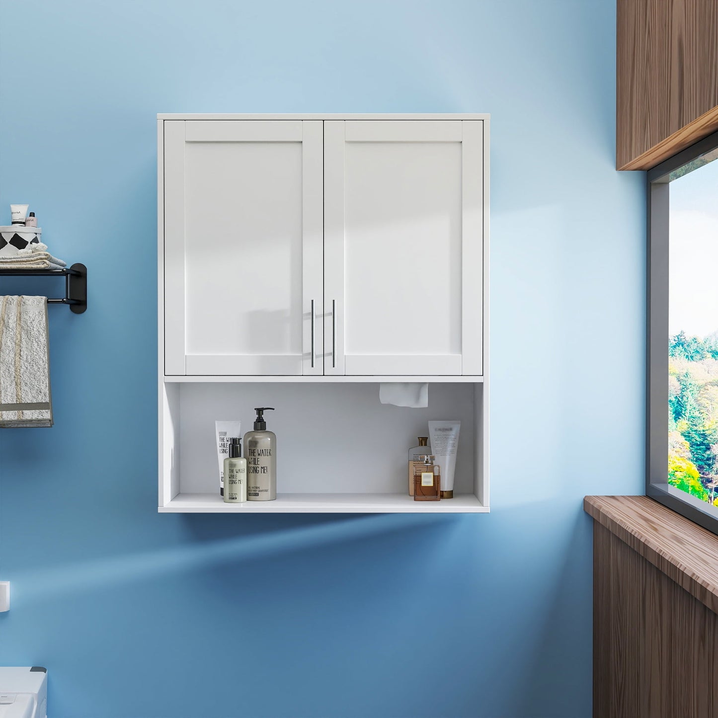 GAKMCIL Bathroom Wall Cabinet Storage Cabinet, Two Door Bathroom Vanity Mirror Cabinet with Facial Tissues Slot and Adjustable Shelf, Towel Bar, Load capacity: 100 kg, (31.5"*11.81"*37.80")White