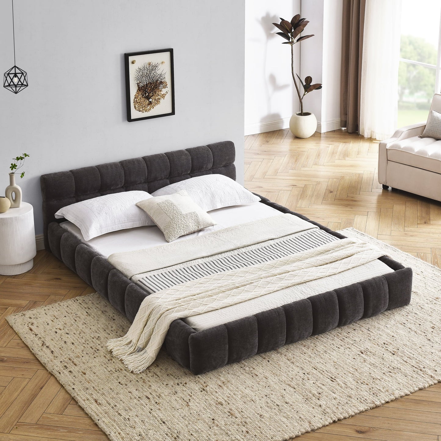GAKMCIL Modern Queen Size Bed Frame, Chenille Fabric Grounded Queen Size Low Platform Bed with Headboard and Thick Fabric, Easy Assembly, No Box Spring Needed (Dark Grey， 68''*86.5''*23.5'')
