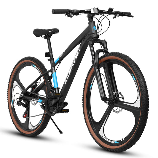 POWANLI 27.5" Aluminum Mountain Bike for Men and Women, 21 Speeds MTB with Dual Disc Brakes,Lock-Out Suspension Fork, Mens Mountain Bike Bicycle, Easy to Assembly, Gray&Blue(Gift)