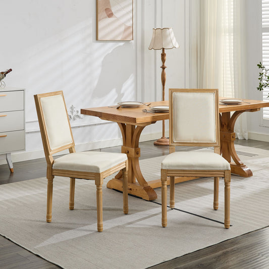 GAKMCIL Louis Fabric Upholstered Dining Chair with Square Backrest and Exquisitely Carved French Solid Wood Frame, Density Foam, Steel Spring Lining, Weight Capacity:300lb, Beige (Set of 2)