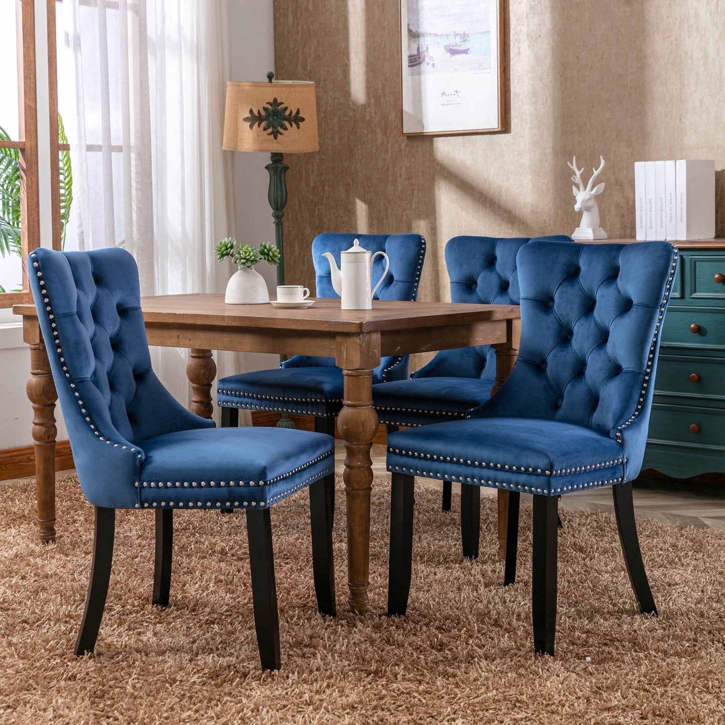 POWANLI Velvet Dining Chairs Set of 2,Upholstered Dining Chairs with Wood Legs Nailhead Trim,High-end Tufted Solid Wood Contemporary Dining Table Set for Living Room,Bedroom, Kitchen Blue