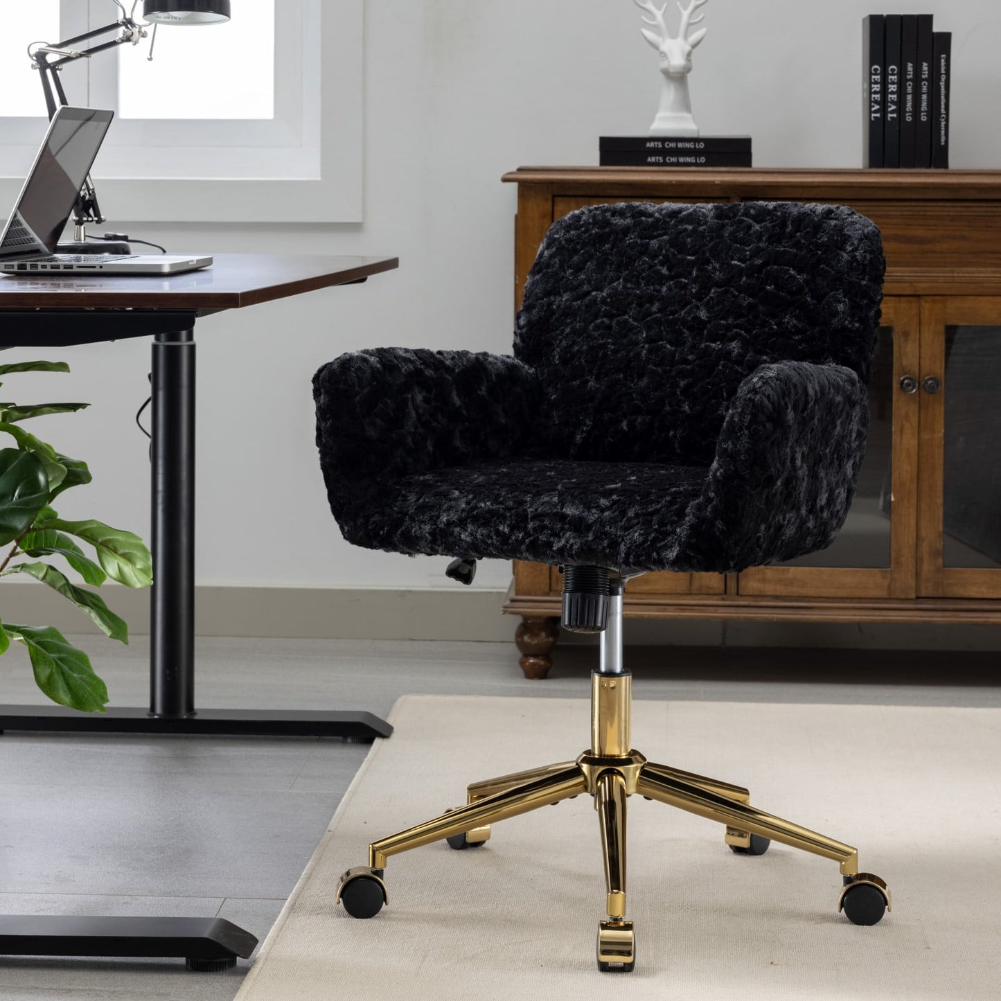 GAKMCIL Artificial Alpaca Wool Home Office Chair, Ergonomic Desk Chair, Vanity Chair with 360 ° Swivel, Arm, Golden Metal, Chassis can be Tilted 40°, 300lb Load for Study, Office, Bedroom (Black)