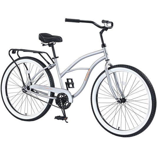 POVANLI 26inch Cruiser Bikes,Steel Frame Single Speed Bicycles Suitable for teenagers aged 13 and above and adults,Wide Wheels for Stability, Rear Coaster Brakes,85%Assembled,Gift(Silver)