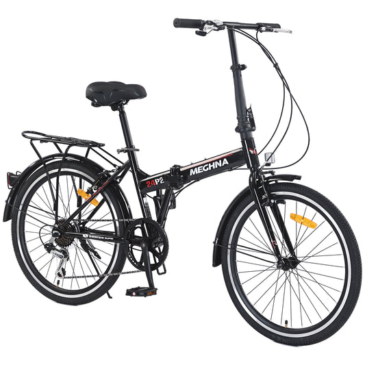 POVANLI 24 inch Folding City Commuting Bicycle for 5'1"-6'6" Adult, 7 Speed Lightweight Durable Steel Frame Bike with Derailleur, V Brakes & Anti-Slip Tires for Men, Women, Students for Gift(Black)