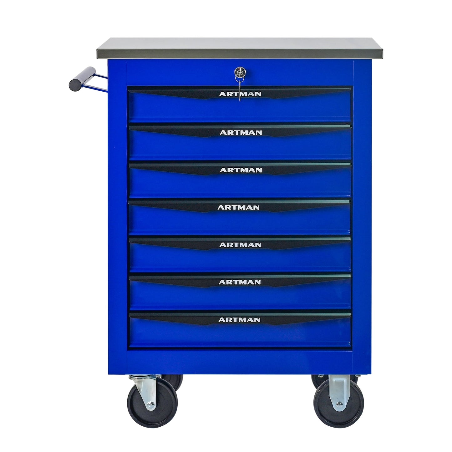 POVANLI 7 Drawer Portable Tool Cart with Stainless Steel Roof, Key Locking and 4 Steering Wheels (2 with Parking Brakes), Steel Tool Box, 200lbs Load for Garage, Workshop and Repair Shops (Blue)