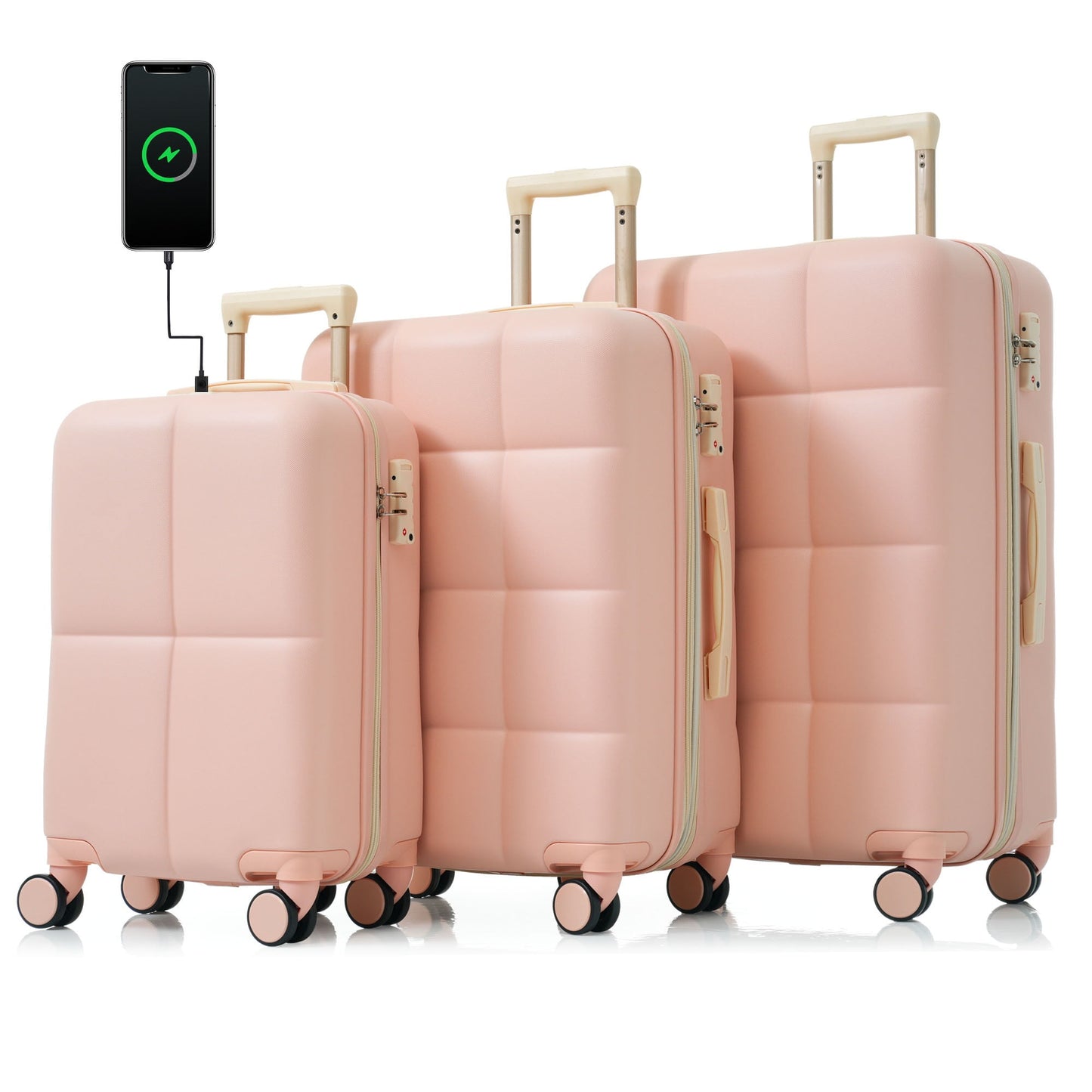 POWANLI 3PCS Luggage Set,20'' Luggage with USB Port, Airline Certified Carry-on Luggage set with Cup Holder, ABS Hard Shell Luggage with Spinner Wheels Pink