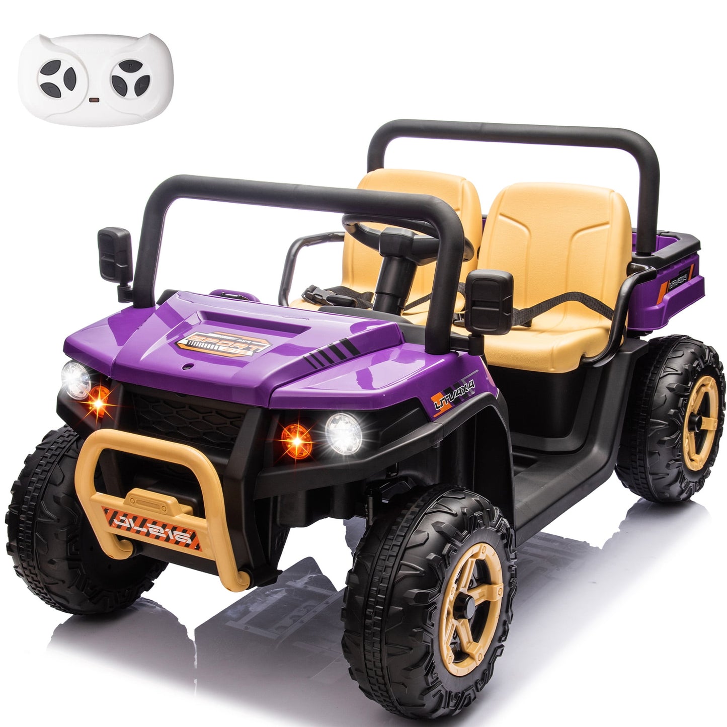 POWANLI 24V Ride on Toys Truck with 2.4G Remote Control,2 Seater Kids Electric Car with 4 wheels, USB, MP3, Bluetooth, LED Lights, Horn for Girls Boys Kids 3-8, Purple