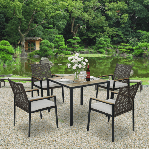5-Piece Patio Dining Table Sets,Patio Conversation Set Acacia Wood Table Top with Umbrella Hole, Rattan Outdoor Coffee Brown