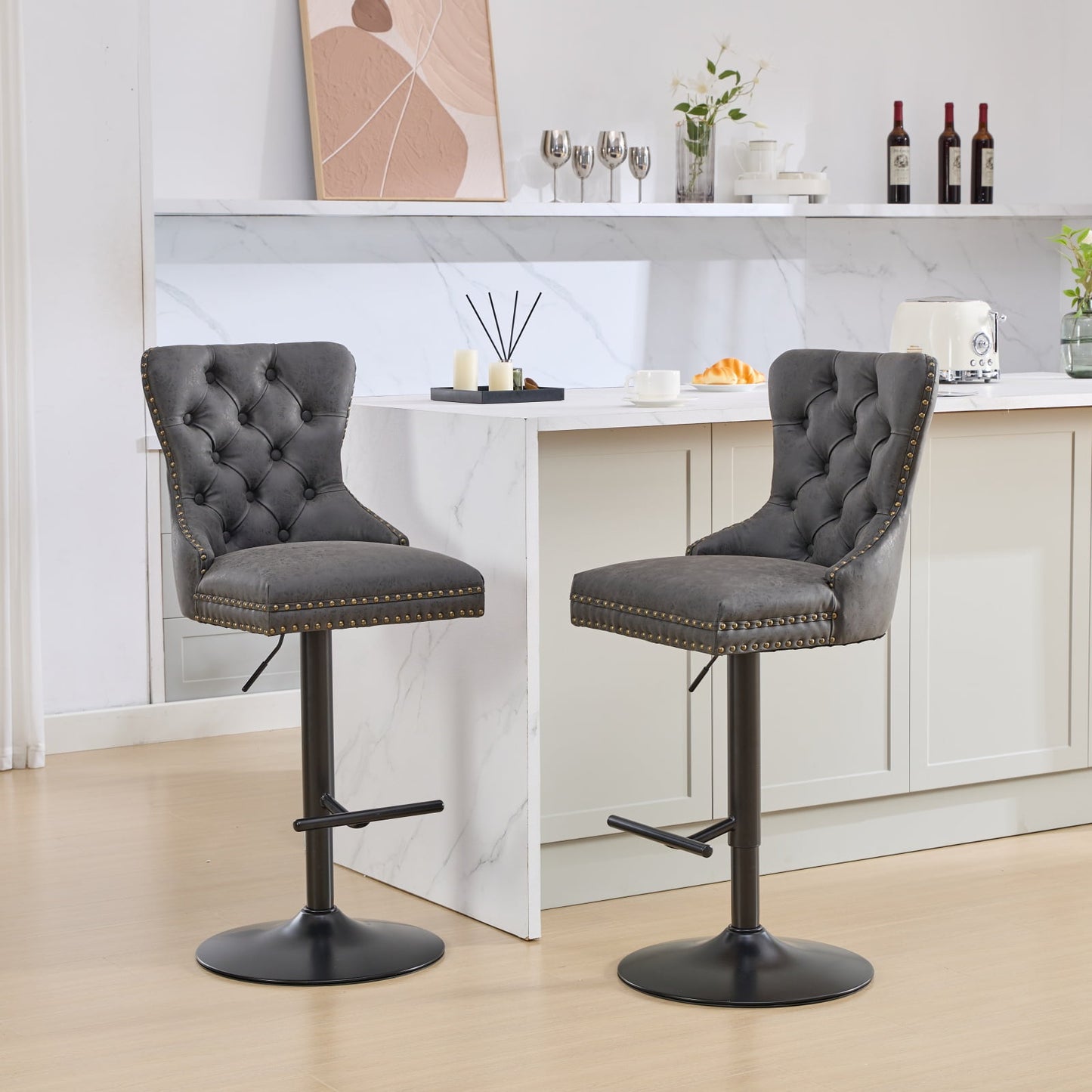 GAKMCIL Thick Black Swivel PU Leather Barstools, Modern Upholstered Bar Stools with Adjustable Seat Height from 27-35in, Backs Tufted, 270lb Load for Home Pub, Kitchen Island (Set of 2, Black)