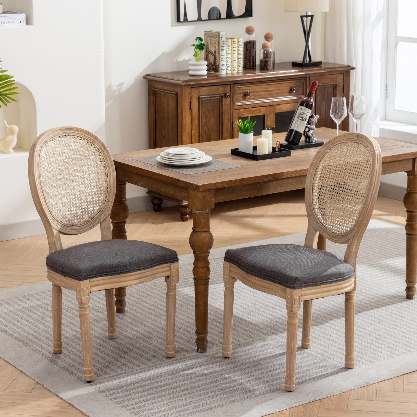 GAKMCIL Linen Fabric Upholstered Dining Chair, French Style Solid Wood Frame Antique Painting Rattan Back Dining Room Chair, Steel Spring Lining, Weight Capacity:300lb, Gray (Set of 2)