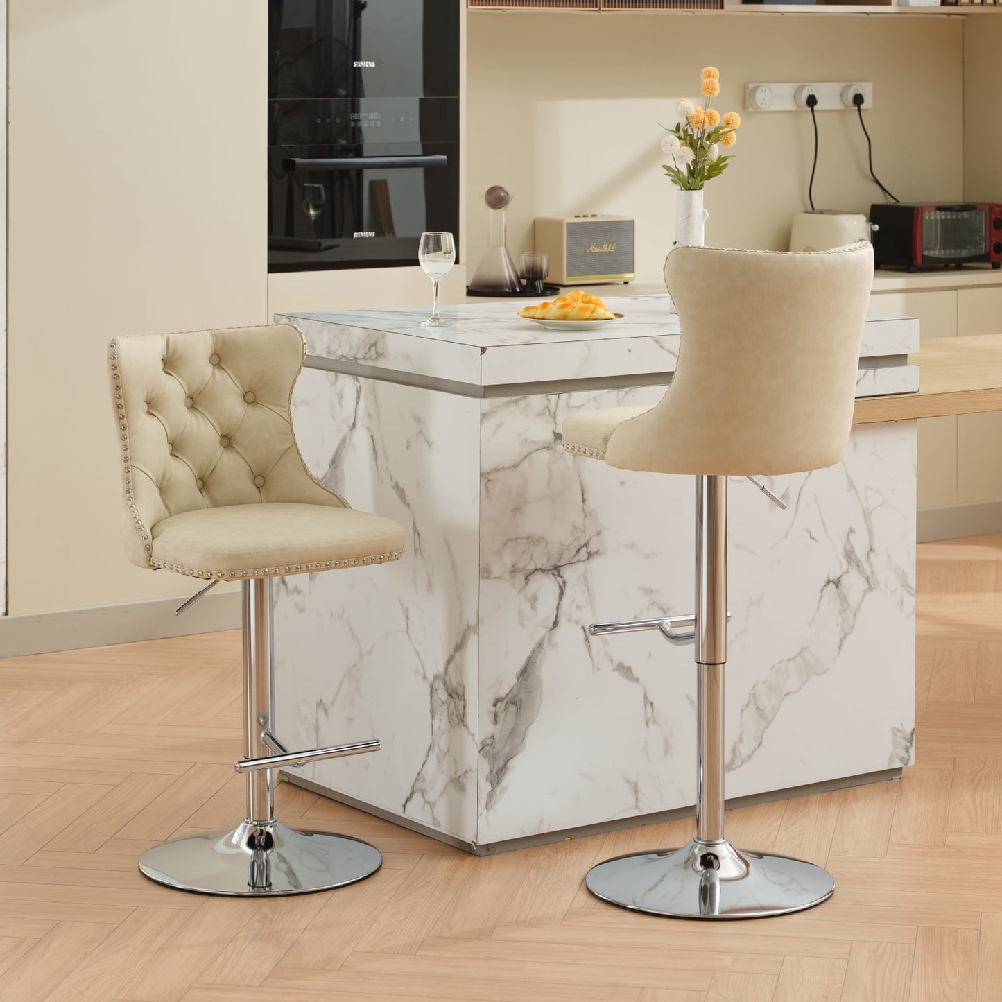 GAKMCIL Modern Swivel PU Leather Barstools (Set of 2) with 25-33in Adjustatble Seat Height, 360°Swivel, Footrest, Chrome base, Comfortable Tufted, 300lbs Load for Home Pub, Kitchen Island (Beige)