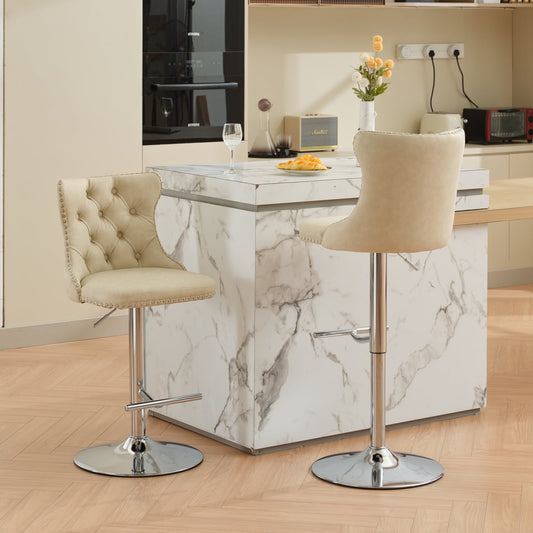 GAKMCIL Modern Swivel PU Leather Barstools (Set of 2) with 25-33in Adjustatble Seat Height, 360°Swivel, Footrest, Chrome base, Comfortable Tufted, 300lbs Load for Home Pub, Kitchen Island (Beige)