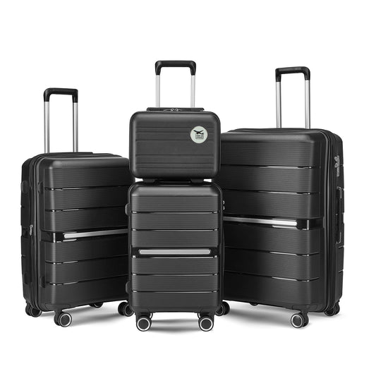 POWANLI 4 Piece Luggage Sets(14"20"24"28"）, PP Hardside Lightweight & Durable suitcase, Expandable, TSA Lock, Spinner Wheels, Airline Approved,(Black)