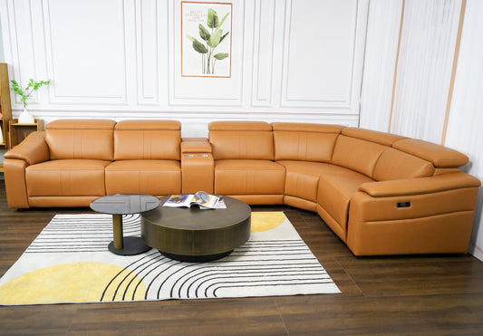 GAKMCIL 5-Seat Leather Power Recliner Sofa Set, Electric Sectional Couch with Storage Console, USB Ports, Cup Holder, Adjustable Headrest, Each Seat 330lbs Load for Living Room Apt Office (Brown)