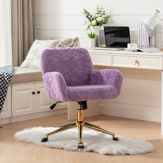 GAKMCIL Artificial Alpaca Wool Home Office Chair, Ergonomic Desk Chair, Vanity Chair with 360 ° Swivel, Arm, Golden Metal, Chassis can be Tilted 40°, 300lb Load for Study, Office, Bedroom (Violet)
