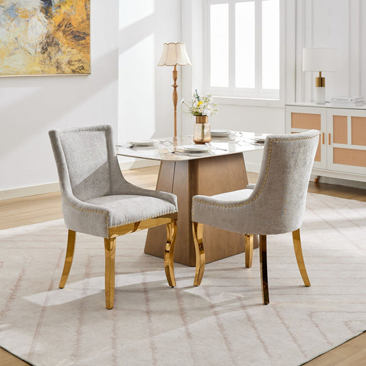GAKMCIL Chenille Dining Chairs, Ultra Side Dining Room Chairs, Curved Gold - Plated Legs & Rivet Trim, Upholstered Comfort, Textured Fabric & One - Piece Structure, Beige (Set of 2)