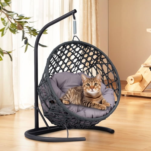 Aurlrtil Cat Swing Bed with Stand & Cushion, Cat Egg Chair with Rattan Wicker Appearance, Indoor Hanging Swinging Cat Bed for Cats, Small Dogs, and Small Animals Gray