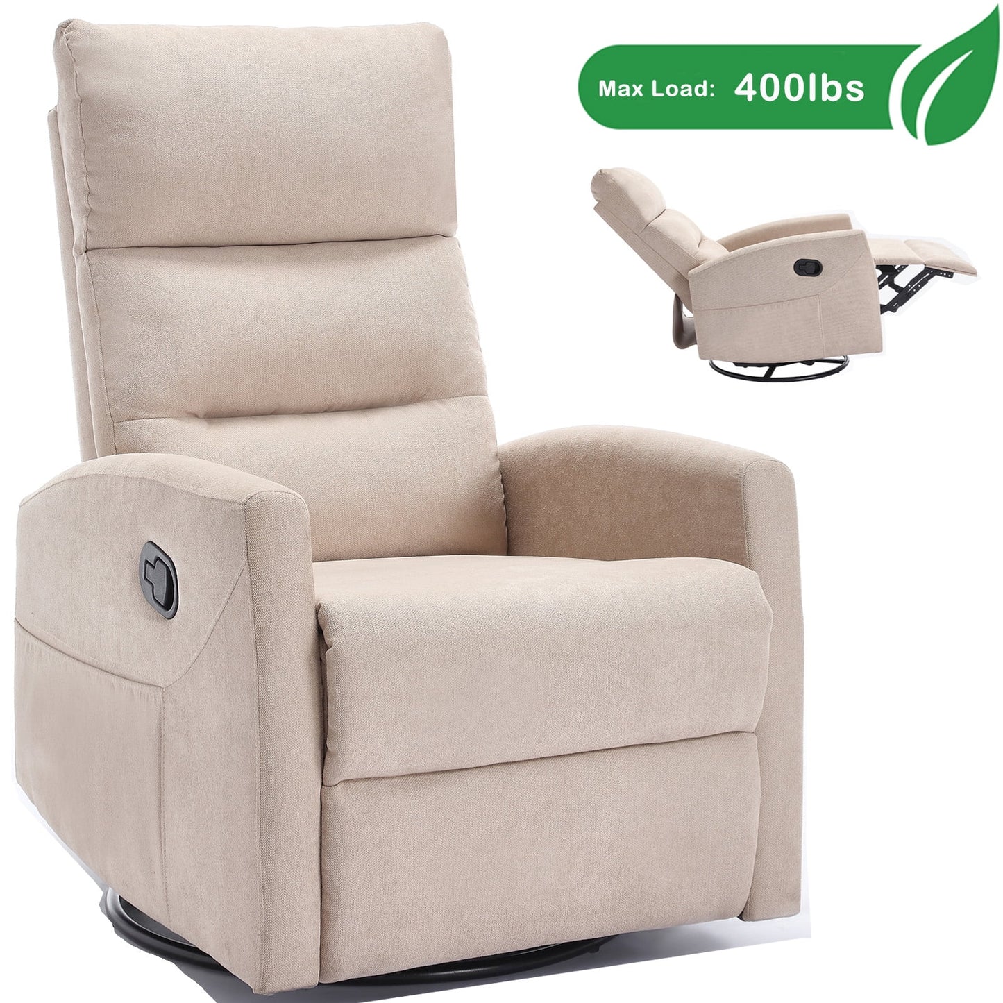 GAKMCIL 360 degree Swivel Manual Recliner Rocking Chair in Fabric with Rocker and Side Pocke, Maximum inclination 155 degrees, Max load 400lb for Living Room, Bedroom, Home Theater, Gift (Beige)
