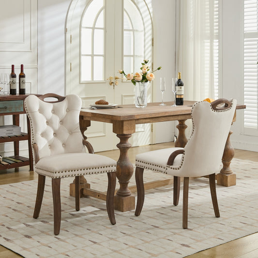 GAKMCIL Velvet Fabric Dining Chair, Tufted Trim Upholstered Wing-Back Dining Chairs with Solid Wood Handles on Top and Sides, Copper Nail, Solid Wood Legs for Dining Room, Kitchen (Set of 2, Beige)