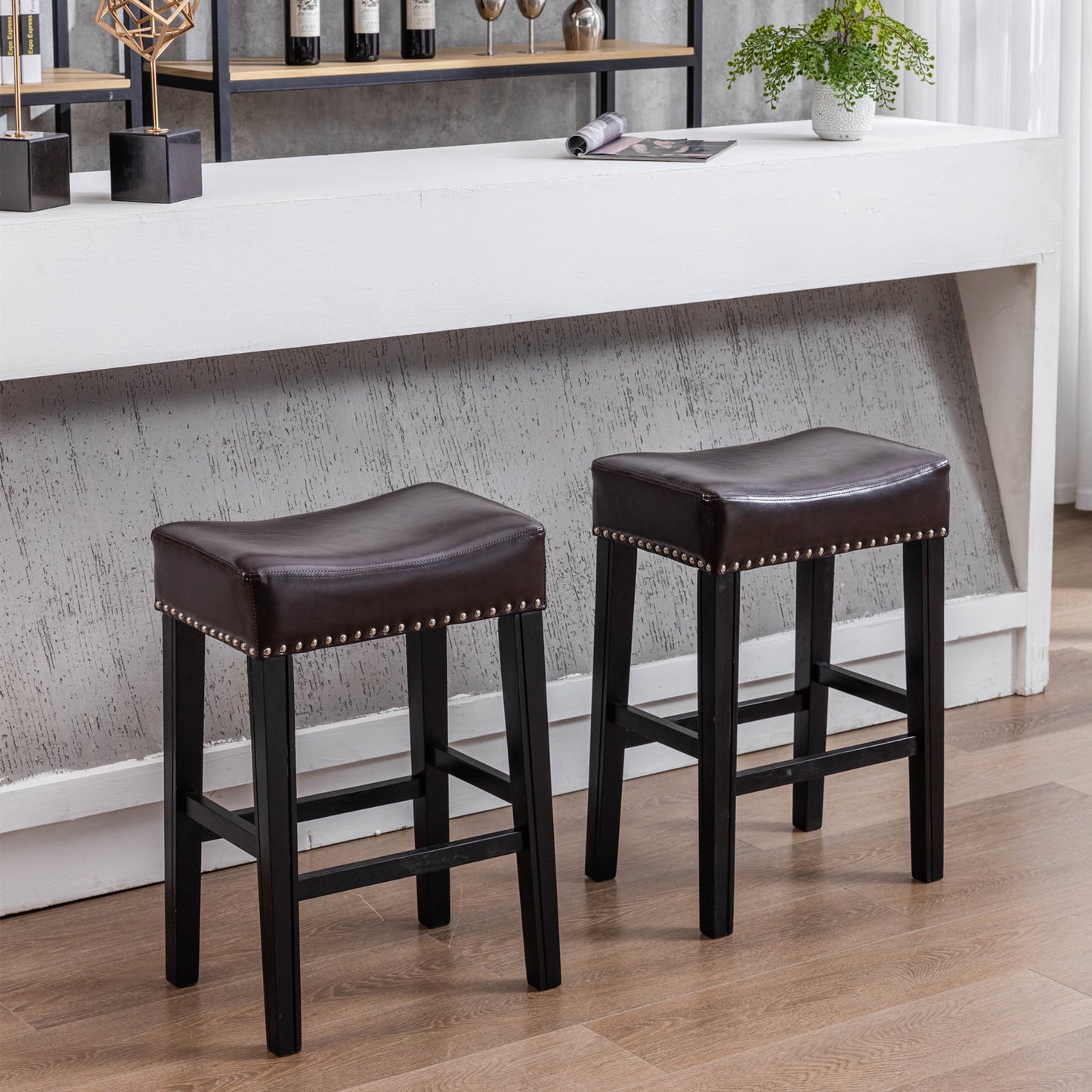 GAKMCIL 26" Backless PU Leather Counter Stools (Set of 2) with Nailhead Trim, Wooden Legs, 350lb Load for Kitchen, Dining Room, Pub (Brown)